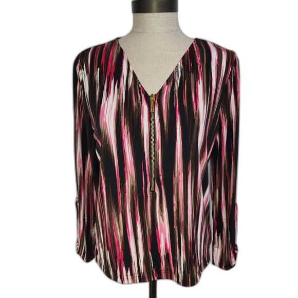 Michael Kors Multi-Color Half-Zip Blouse with Roll-Tab Sleeves Size S - Picture 1 of 6